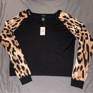 Ashley Stewart Black Top with Leopard Print Sleeves